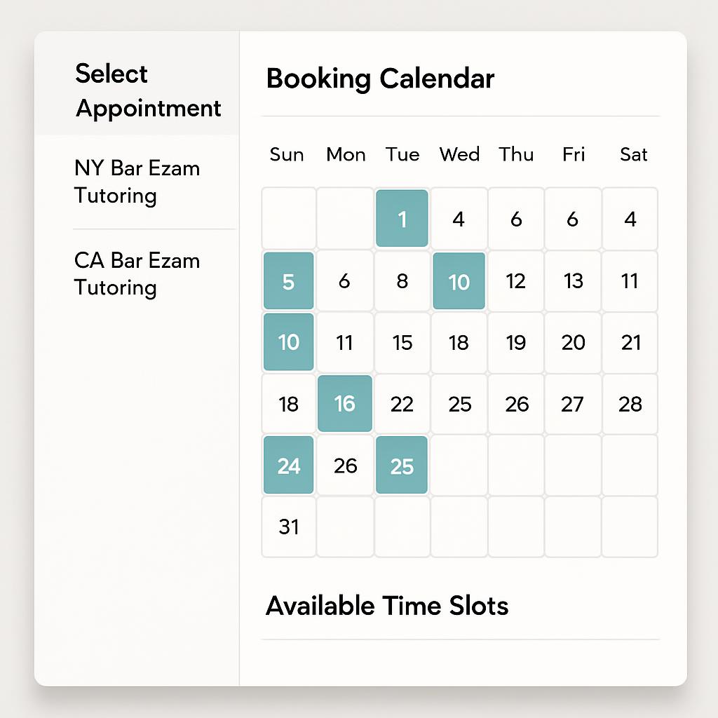 Online booking calendar for scheduling bar exam tutoring sessions